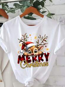 Women's Christmas Graphic T-Shirt With Red Reindeer And Merry Christmas Design - Casual Short Sleeve Crew Neck T-Shirt With Reindeer And Snowflake Print Y2k - 白色 - 查看 10