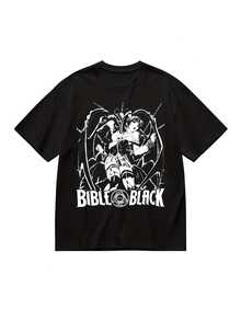 Reika Kitami Anime T-Shirt From Bible Black, New High Quality Casual Fashion 2026 - Waifu Sleeve Design T-Shirt With Bat Design And Bible Text In Black, Loose And Comfortable Fit, Plus Size, Casual, Loose, Breathable And Soft, Unisex For Daily Wear. - 黑色 - 查看 1