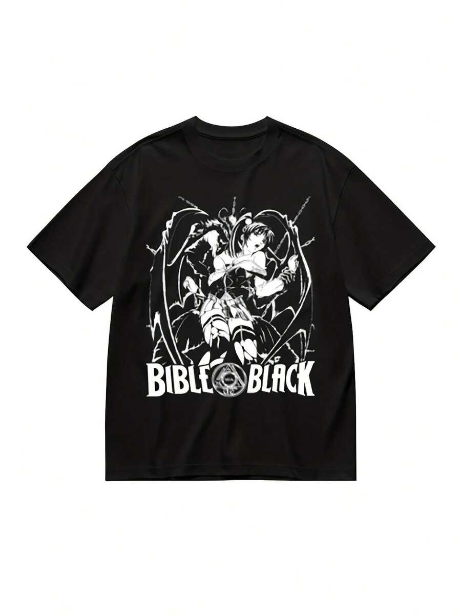 Reika Kitami Anime T-Shirt From Bible Black, New High Quality Casual Fashion 2026 - Waifu Sleeve Design T-Shirt With Bat Design And Bible Text In Black, Loose And Comfortable Fit, Plus Size, Casual, Loose, Breathable And Soft, Unisex For Daily Wear. - 黑色 - 查看 1