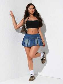 Falda mini de línea A de denim con detalles lavados y plisados de moda para mujer en verano - Azul 4 - Ver 5