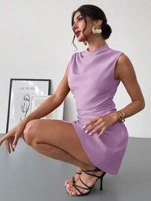 Vestido mini de línea A plisado, elegante, minimalista y romántico para mujer, color rojo, apto para uso diario, ir a trabajar, bodas, fiestas, festivales de música, vacaciones - Lila Púrpura - Ver 5