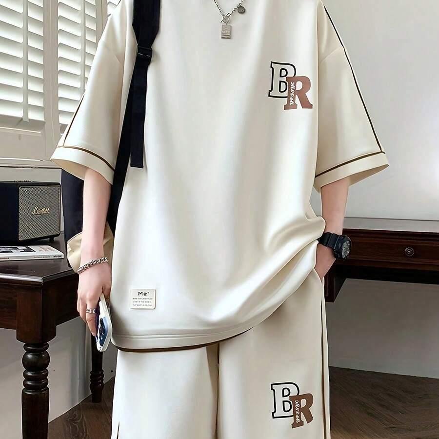 [Pearson'S Choice] Men'S Casual 2pcs Short Sleeve And Shorts Set Men'S Athletic Wear Casual Wear Youth Clothing Men'S Casual Athletic Outfit Fashion Vacation Wear Exercise Clothes Summer Casual Outfit  Outfit Set - 白色 - 查看 1
