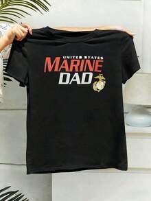 1 pieza de camiseta gráfica para mujer "US Marine Dad", cuello redondo, corte holgado, estilo hip-hop urbano, ajuste cómodo, estampado llamativo, 180g 100% algodón. - Negro - Ver 2