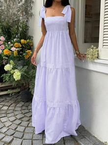 Vestido largo con correa de espagueti de cintura alta, escote cuadrado, sin mangas y espalda descubierta con cordón, a rayas azules, de estilo sexy y de vacaciones, para primavera/verano - Azul y blanco - Ver 5