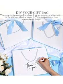 White Paper Gift Bags With Blue Trim And Handles, Shopping Bags With Blue Ribbon Bow, Suitable For Bridesmaid Proposals, Baby Showers, Birthdays, Housewarming, Women's History Month, Mother's Day Gifts - Multicolor - View 4