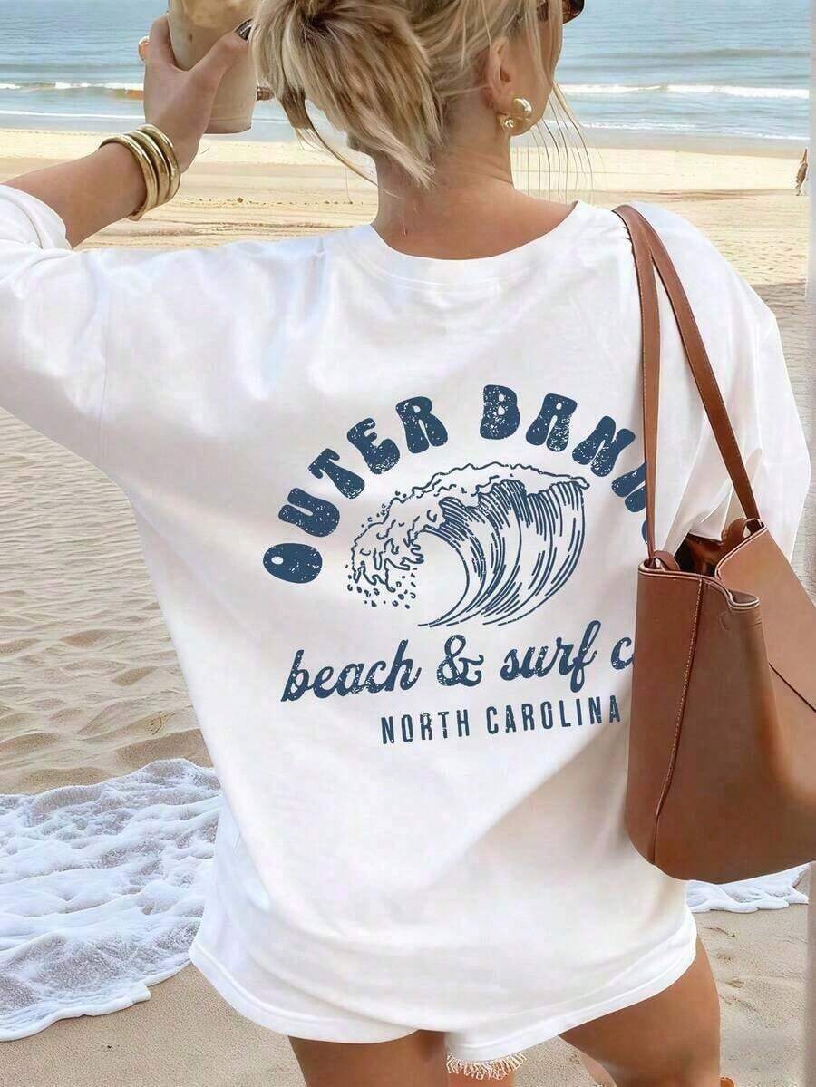 Camiseta de Verano para Mujer con Estampado de Letras y Cuello Redondo, Versátil y Casual.Camisetas Gráficas para Mujer, Top Blanco, Top Negro, Top Rosa, Conjuntos de Vacaciones para Mujer, Camiseta 100% Algodón de 180g - Blanco - Ver 1