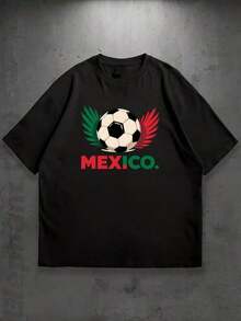 Mexican Soccer Fan T-Shirt With Simple And Versatile Design - Eye-Catching Print With Spanish Text And National Flag - Comfortable Casual Wear For Vacations, Parties, Soccer Events, And Celebrations - Cotton T-Shirt - 黑色 - 查看 1