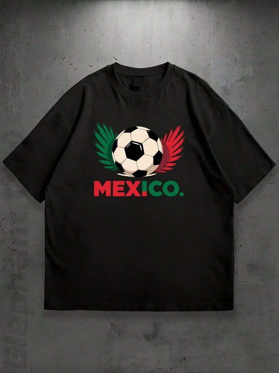 Mexican Soccer Fan T-Shirt With Simple And Versatile Design - Eye-Catching Print With Spanish Text And National Flag - Comfortable Casual Wear For Vacations, Parties, Soccer Events, And Celebrations - Cotton T-Shirt - 黑色 - 查看 1