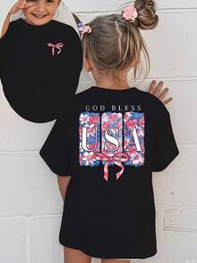 Patriotic Floral Bow Print Girls' Tee With "God Bless USA". 180g Comfy Fabric, Round Neck. Perfect For School, Casual Looks, Parties And Outdoor Trips - 黑色11 - 查看 1
