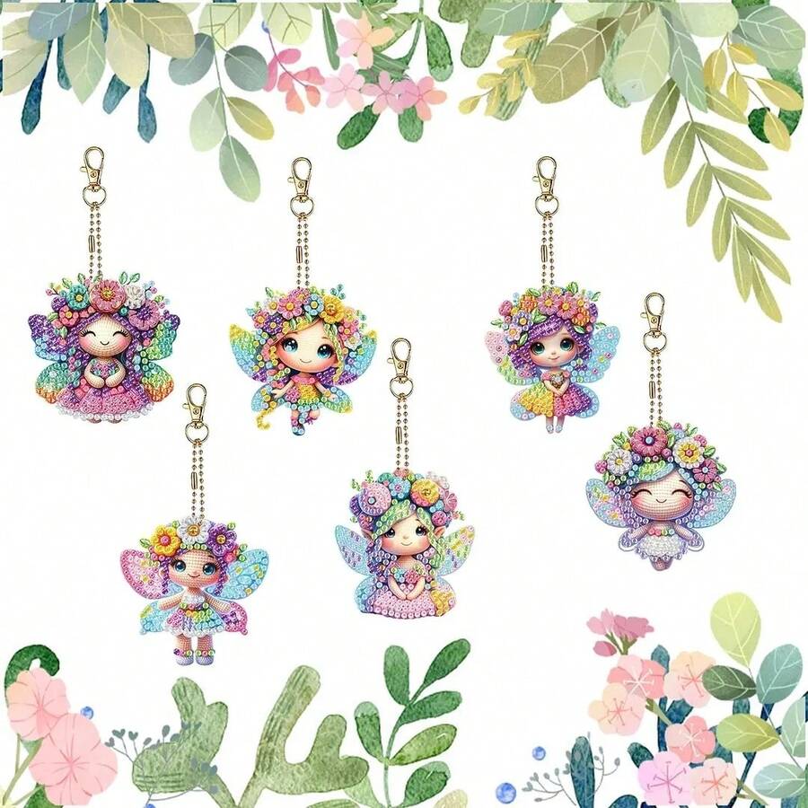 6 piezas Kit de pintura de diamantes DIY de hada llavero - Vibrante de doble cara, colgante acrílico hecho a mano con formas de diamante únicas - Excelente para decoración del hogar, decoración del jardín, recuerdos de fiesta, accesorios para mochilas | Llavero decorativo | Formas surtidas, Kit de arte de diamantes - Ver 1