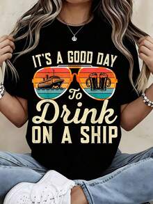 Black Short-Sleeved T-Shirt With Boat And Beer Design, "It's A Good Day To Drink On A Boat With Sunglasses", For Cruise Holidays And Beach Parties. - 黑色 - 查看 2