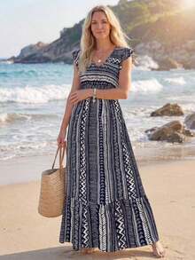 Vestido largo casual y retro para vacaciones, con cintura ceñida, para atuendo diario de primavera/verano, vestidos camiseros para mujer, casual - Azul - Ver 5