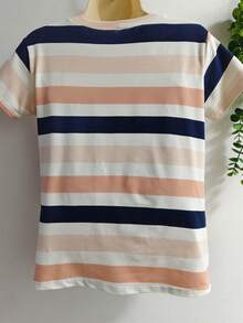 Women's Lace Knit Blouse - 大條紋粉 - 查看 2