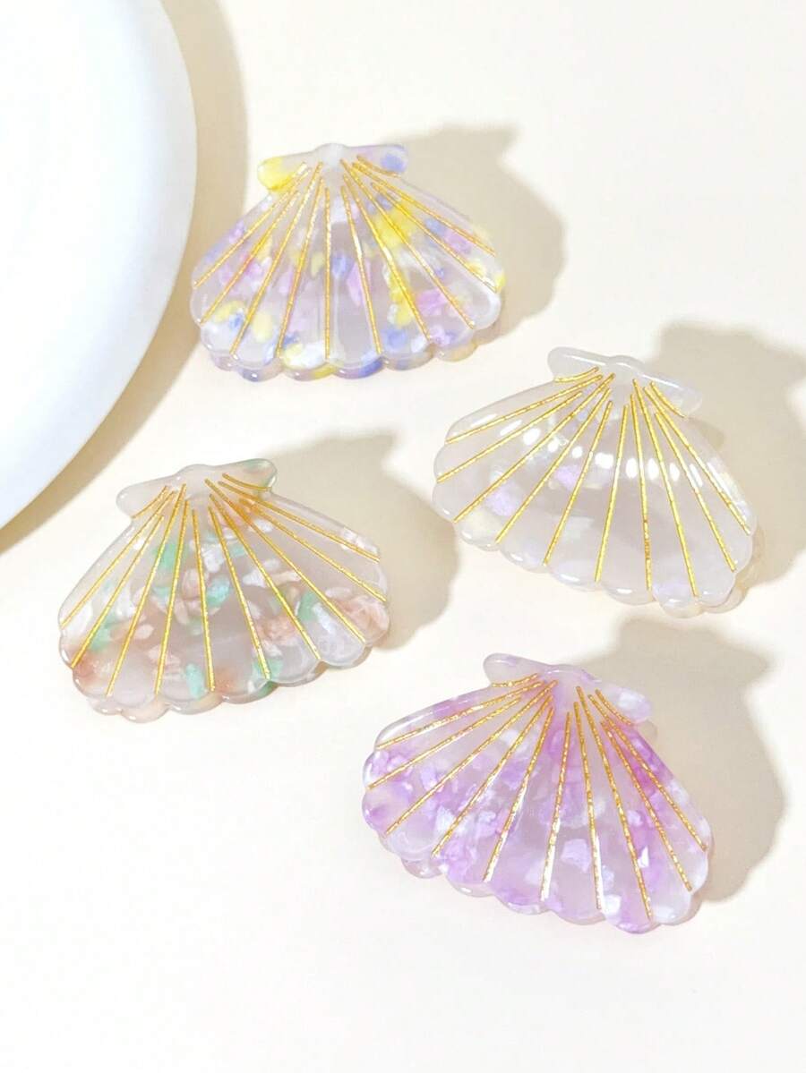 1个女孩可爱贝壳造型发夹，彩色贝壳印花发夹，金色线条装饰鲨鱼爪发夹，夏季海滩风日常及度假发饰 - 彩色 - 查看 1