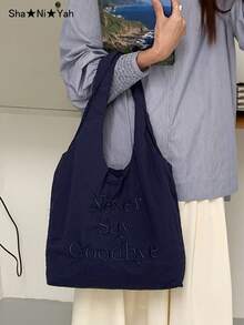 Large Capacity Shoulder Bag, Embroidered Letter Pattern, Suitable For Graduates, Teenage Girls, College Freshmen, Sophomores, Juniors, Seniors, High School And University Students, Ideal For Outdoor Activities, Travel And Back To School. This Literati-Inspired Backpack Is Also Suitable For Women Or Students To Carry Books, Shopping, Etc. - Navy Blue - View 3