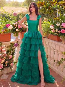 Faeriesty Đầm dạ hội nữ thanh lịch với dây đeo bản rộng và nơ, xếp tầng, cùng chân váy xòe nhiều tầng ấn tượng, hoàn hảo cho các bữa tiệc, tiệc chiêu đãi, đám cưới, dạ hội và các sự kiện trang trọng. - Màu xanh lá cây đậm - Xem 1