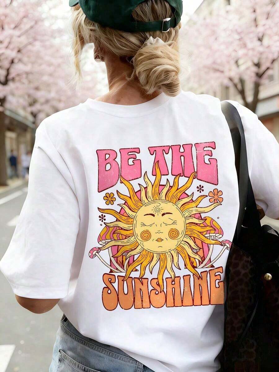 Camiseta de manga corta para mujer, estilo vintage con estampado de letras y grafiti, cómoda, transpirable, holgada y de estilo hippie americano, adecuada para la temporada de flores de cerezo en primavera, festivales de música al aire libre, paseos por la ciudad, visitas a parques y vacaciones ligeras de verano. - Blanco - Ver 1