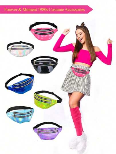 Forever & Moment 1/3/7pc 80s 90s Fanny Pack Fresh Style Neon Waist Bag Suitable For Outdoor Camping Sports Convenient Waist BagWomen's Holographic Waist Bag PU Shiny Faux Leather Chest Bag Multi-Function Colorful Shoulder Crossbody Bag