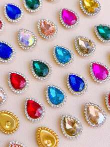 10/50/100/200pcs Shiny Teardrop Rhinestone Buttons, Multi-Color Crystal Gemstone Decor With Gold Frame, Flat Back Sew-On Rhinestones, Suitable For DIY Clothing, Halloween Decor, Jewelry Making, Hair Accessories, Wedding Dress, Christmas Home Decor - A - View 4