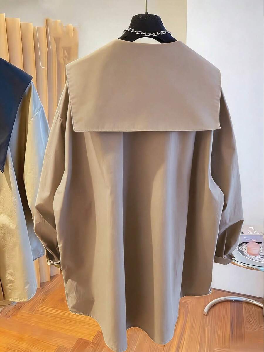女款卡其色寬鬆大尺寸襯衫/上衣,適合夏秋冬,寬鬆長袖鈕扣設計,辦公通勤、外出度假、休閒時尚優雅簡約 - 卡其色 - 查看 1