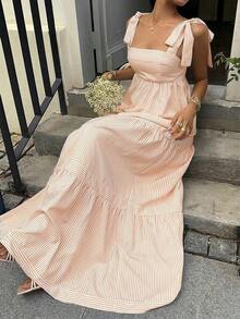 Vestido largo con correa de espagueti de cintura alta, escote cuadrado, sin mangas y espalda descubierta con cordón, a rayas azules, de estilo sexy y de vacaciones, para primavera/verano - Naranja - Ver 7