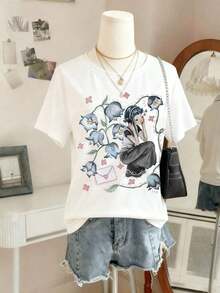 Camiseta casual de mujer de manga corta y cuello redondo con estampado floral y de personajes de dibujos animados-Vintage Street Style Unisexoose Cotton Short Sleeve Crew Neck T-Shirt - Blanco - Ver 3