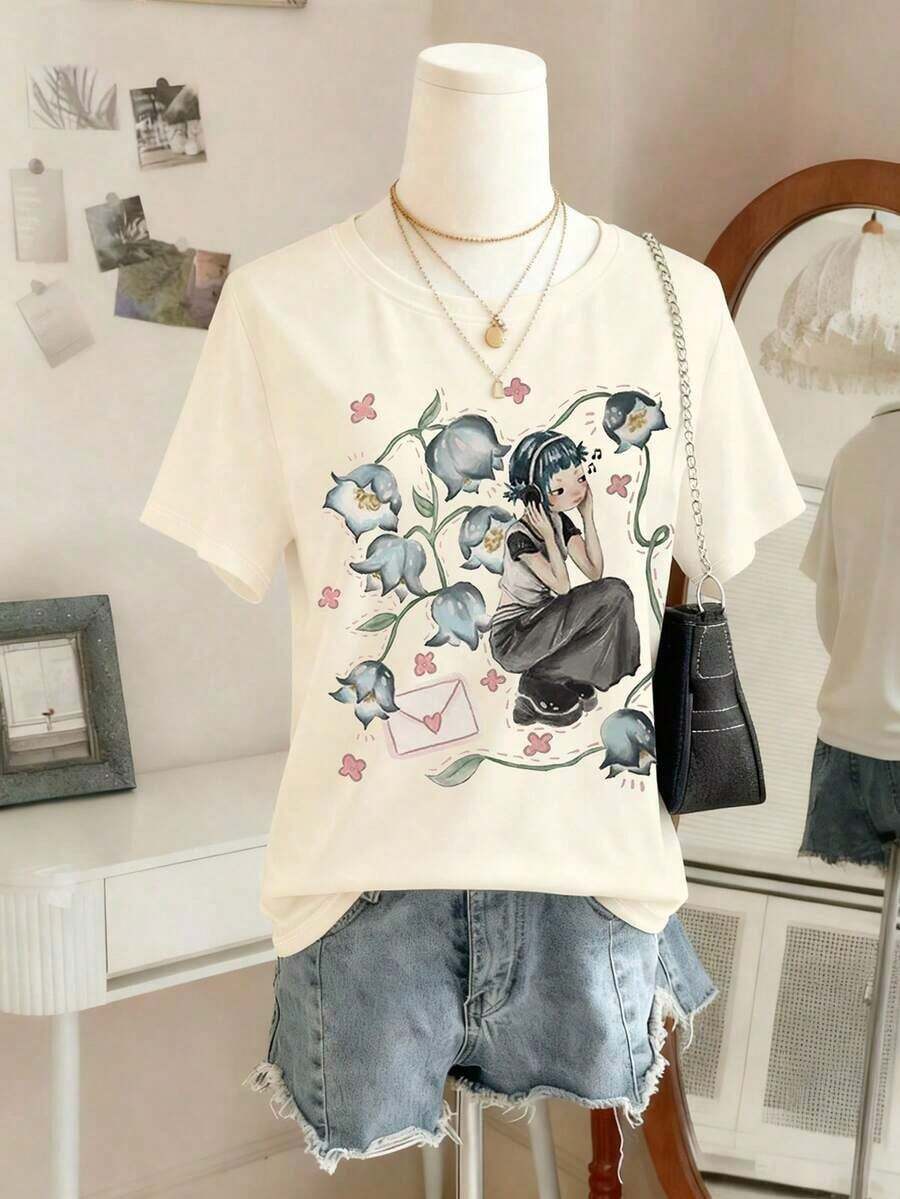 Vintage Women's Floral & Cartoon Character Print Round Neck Short Sleeve Casual T-Shirt. Fashionable Round Neck Cotton 100% Soft Fabric Short Sleeve Breathable And Cool - 杏色 - 查看 1