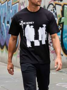 Men's Y2K Harajuku Graphic Print T-Shirt - Urban Style T-Shirt With The Phrase "MORE MONEY MORE LOVERS" - Loose Fit Black T-Shirt With Text - Breathable Casual Top For Everyday Wear In Hip-Hop Style - Essential For All Seasons, Harajuku Style, Loose And Comfortable For Summer. - Black - View 1