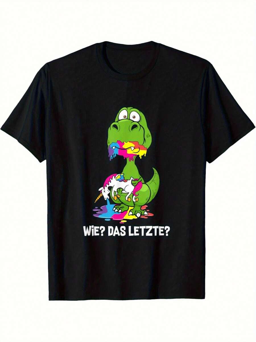 Men's Funny Graphic T-Shirt With Dragon Eating Unicorn - "Wie?" "THE LAST?" Casual Black Short Sleeve T-Shirt With Colorful Dragon And Unicorn Design - Regular Fit, Crew Neck, Summer Sports T-Shirt - Digital Print, Comfortable For All Seasons, Plus Size, Loose And Comfortable For Summer. - Black - View 1