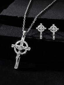 Bộ 3 món phong cách cổ điển tôn giáo, mặt dây chuyền hình Chúa Giê-su bị đóng đinh trên thập tự giá, trang trí bằng đá pha lê tròn thời trang, thích hợp cho các buổi họp mặt, làm quà tặng, ngày lễ, tiệc tùng và đeo hàng ngày. Chiều dài dây chuyền có thể điều chỉnh. - Nhiều màu - Xem 2