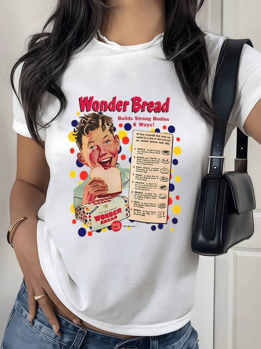 Colorful Retro Bread With Red, Yellow, And Blue Dots That Evoke Energy And Joy, Showing The Importance Of Daily Nutrition And Physical Well-Being. Comfortable, Modern, Casual Women's T-Shirt For Everyday Wear. - 白色 - 查看 1