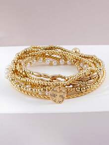 9pcs CCB Faux Pearl Bracelet Set, Cross Multi-Layer Stackable Bracelet, Women's Daily, Vacation, Party Accessory - Yellow Gold - View 4