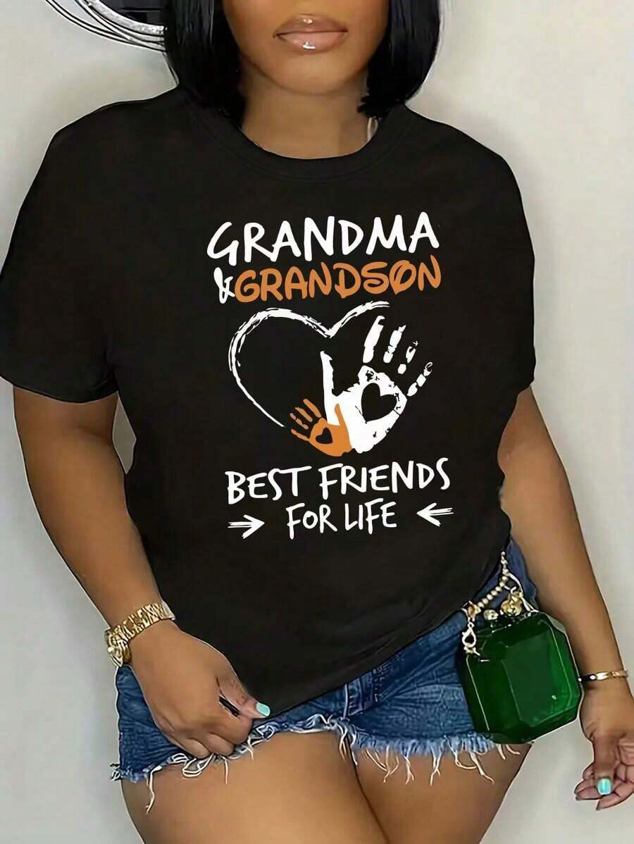 Camiseta de manga corta con estampado de corazón y letras GRANDMA & GRANDSON BEST FRIENDS FOR LIFE, camiseta gráfica para mujer para el verano - Negro - Ver 1