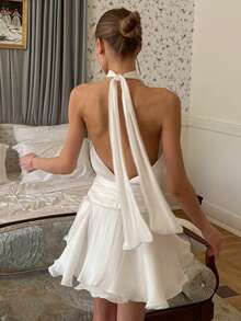 Sleeveless Hanging Dress With Open Back, Exclusive Design For Banquets - White - View 5