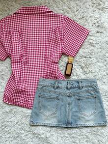 DEAR MOLLY Countryside French Style Sweet Cute Top, Red Plaid Short Sleeve Shirt, Suitable For Spring/Summer Casual Outings - Red - View 3