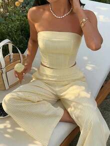 Conjunto de top bandeau a rayas amarillas y pantalones de cintura alta para mujer, ajustado, de moda y versátil para la calle, vacaciones, primavera/verano - Amarillo - Ver 1