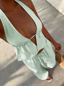 SunnyBelle 2 piezas Conjunto de mujer con rayas azules y blancas: Top halter sin espalda de cuello en V profundo de algodón y pantalones anchos de cintura alta con cordón, look casual de moda para vacaciones y uso diario, primavera/verano - Verde - Ver 3