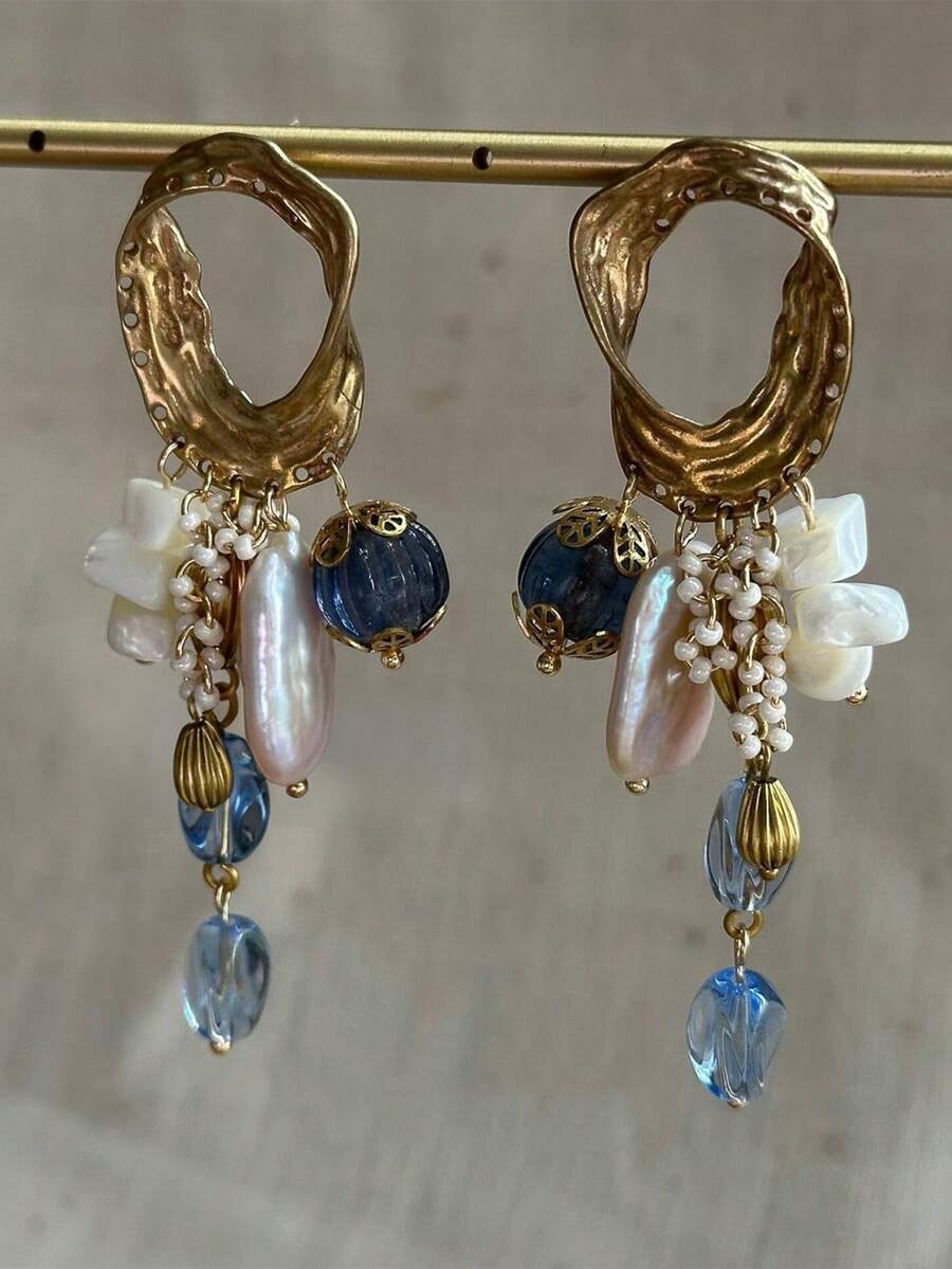 rundraw 2pcs High Quality Asymmetrical Tassel Retro Metal Earrings, Suitable For Balls, Parties, Banquets, And Daily Outfit Accessories - Multicolor - View 1