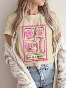 [Entrega Local]Playera Para MujerCamiseta De Manga Corta Para Mujer Con Estampado De Grafiti A Cuadros Rosa Y Verde "Bible + Beach", Suave, Transpirable Y De Corte Holgado, Estilo Dulce Y Femenino. Ideal Para Vacaciones De Verano En La Playa, Visitas A La Iglesia Y Salidas Informales Con Amigos. - Albaricoque - Ver 5