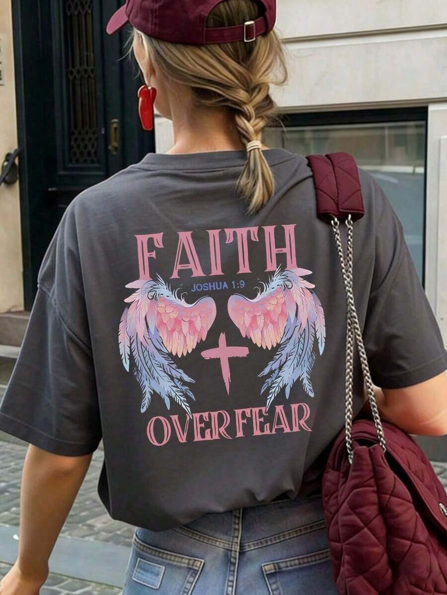 Women's Casual And Loose-Fitting Short-Sleeved T-Shirt With Angel Wings And Cross Print, Suitable For Everyday Wear And Holidays - 深灰色 - 查看 1