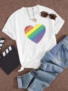 Camiseta casual de mujer de corte holgado con estampado gráfico de coloridas líneas de amor, adecuada para llevar a diario en casa para hacer deportePure-Cotton - Blanco - Ver 7