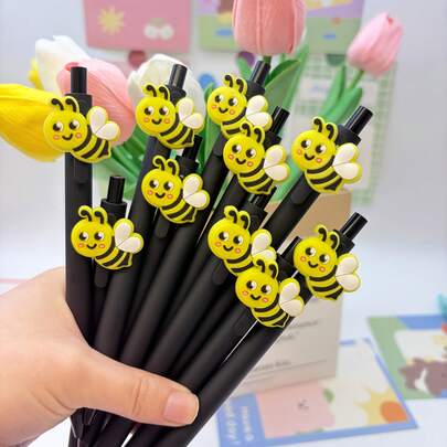 5/10pcs Black Bee Pattern Ballpoint Pens, Smooth Writing, High-Quality Stationery, Student Back-To-School Gift, Party Favor, Suitable For Daily Writing And Office Use