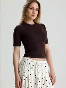 Casual Solid Color Short Sleeve Top, Versatile For Summer - Brown - View 3