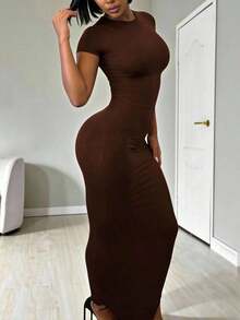 Vestido de mujer de manga corta ajustado de unicolor para uso diario en verano - Cafetería - Ver 5