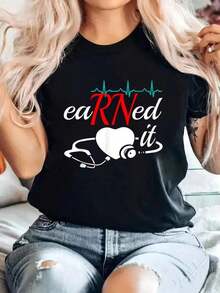 1 Piece "Earned It RN" Nurse Graduation T-Shirt - Black With Stethoscope And ECG Print, Short Sleeve, Round Neck, Casual Wear For Graduate Nurses, Comfortable Casual Outfit And Graduation Gift, Suitable For All Seasons, Health Clothing, 180g 100% Cotton. - 黑色 - 查看 1