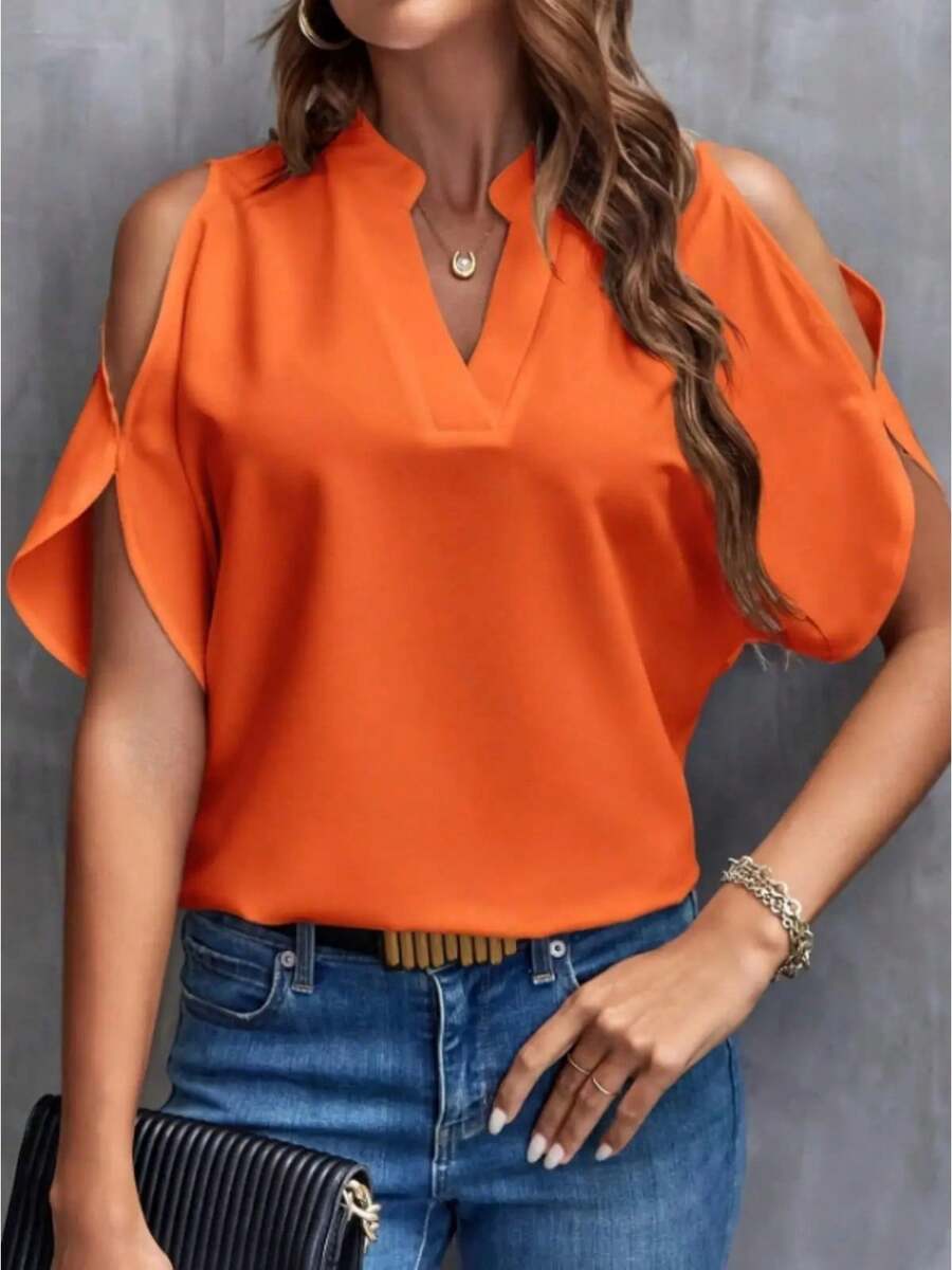 Elegante Camisa de Manga Corta con Cuello en V para Mujer - Color Sólido, Cuello con Muescas, Estilo Europeo y Americano Holgado y Versátil - Rojo coral - Ver 1
