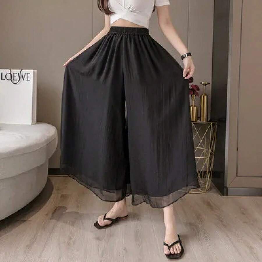 Pantalones de mujer de talla grande para primavera y verano, de doble capa de gasa, elásticos, de cintura alta, casuales, finos y sueltos, estilo hada, de nueve puntos. - Negro - Ver 1