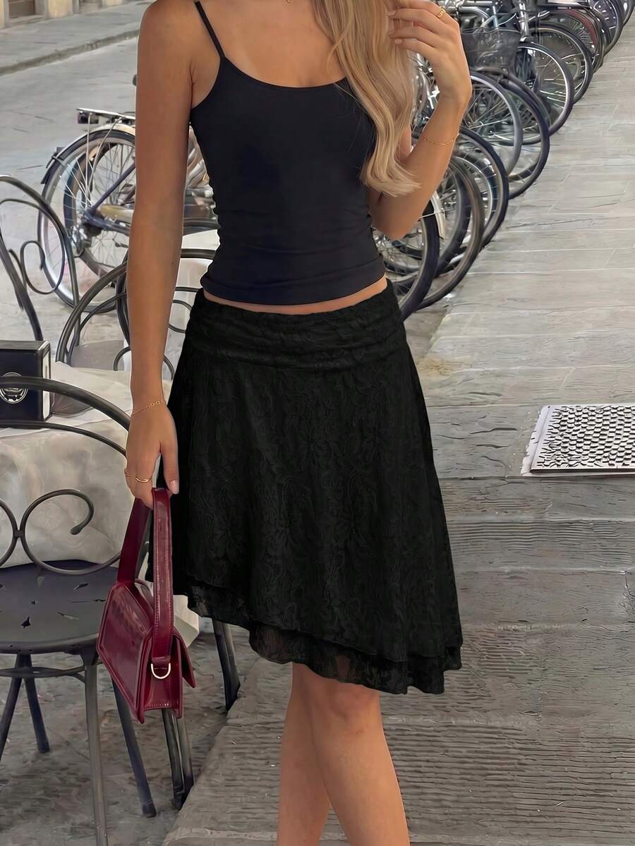 Women's French Retro White Heavy Lace High Waist Asymmetrical Ruffle Hem A-Line Midi Skirt, Spring/Summer - Black - View 1