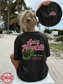 [Double-Sided Print] Summer Top With A Stylish Retro Flair And A Cocktail Glass Design For A Spicy Margarita. SOCIAL CLUB Reposado Tequila, Fresh Lime, Orange Liqueur, Agave, Jalapeño. Crew Neck, Simple, Short-Sleeved Oversized T-Shirt For Summer. - Black - View 8