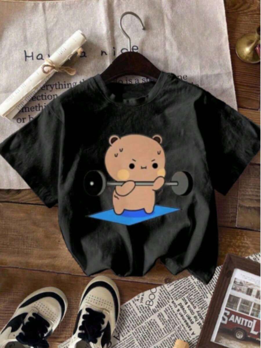 Fashion Printed T‑Shirts for Women, Oversized Streetwear Tops, Comfortable and Stylish All‑Match Summer TeesCamiseta con estampado Gráfico Oso Gym Pesas Ejercicio Poliéster mujer Diario - Negro - Ver 1